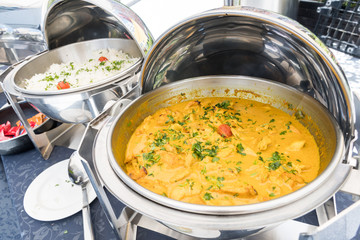 Live food stations. Kitchenware in the line catering summer brunch buffet. Corporate cocktail event