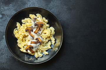 pasta creste di galla sauce with mushrooms and cream Menu concept healthy eating. food background top view copy space for text healthy eating table setting