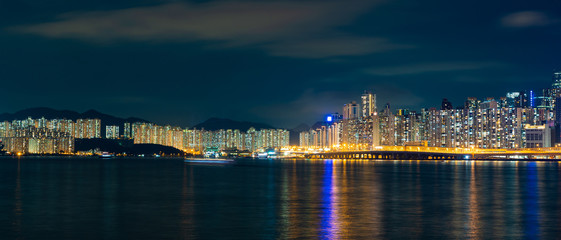 panorama cityscape view of Shenzhen at night, the atmosphere of the night lights in the city of international trade and export of China