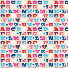 Seamless typography pattern with letters from a to z in red, blue, pink and orange