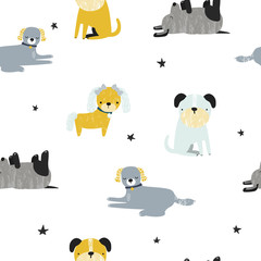 Seamless pattern with dogs and stars. Funny childish print. Vector hand drawn illustration.