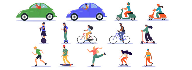 Fototapeta na wymiar Large set of transport and ride on icons with car, assorted scooters, bicycle, skateboard and Segway on white, colored vector illustration