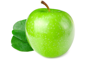 one green apple with green leaves isolated on white background