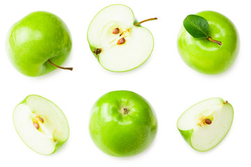 green apples with slices isolated on white background. top view