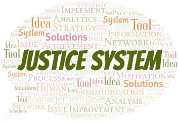 Justice System typography vector word cloud.