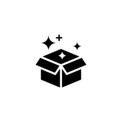 Magic box icon in black flat design on white background, sign for mobile concept and web design, Open gift box and magic stars simple line vector icon, Symbol, logo illustration