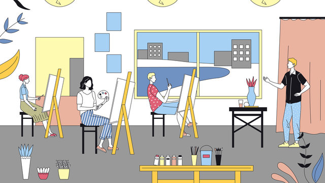Art School Concept, Human Creativity And Talents. People Studying To Paint Pictures At Art School. Teacher Teaches Artists To Paint On Easels. Cartoon Linear Outline Flat Style. Vector Illustration