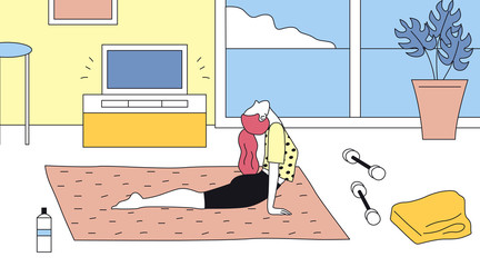 Fitness, Yoga Courses And Healthy Lifestyle Concept. Physical And Spiritual Practice. Woman Do Fitness And Yoga. Girl Exercising With Dumbbells At Home On Yoga Mat. Cartoon Flat Vector Illustration