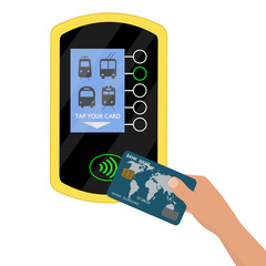 Terminal for passenger transport card. Validator fare payment. Wireless, contactless or cashless payments, rfid nfc. Vector illustration in flat style