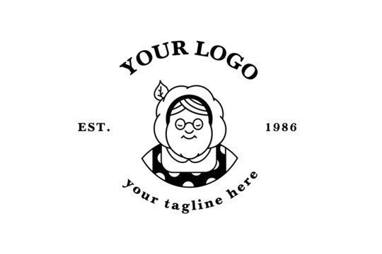 Grandmother cook logo for cafe or home cooking restaurant. Pastry and bakery logotype. Black and white