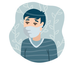 Man in medical mask. Protection from virus and coronavirus. Sick Young guy. Treatment and prevention of disease. Blue clinic concept. Cartoon flat illustration