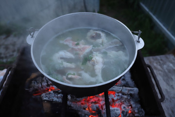 cooking fish soup on the grill in a pot for the family in the fresh air, cooking on the grill, proper nutrition in the campaign