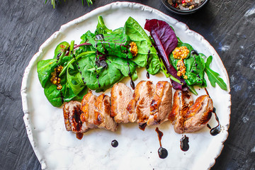 duck breast fillet salad, Menu concept food background keto or paleo diet. top view. copy space for text 