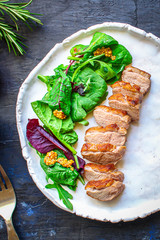 duck breast fillet salad, Menu concept food background keto or paleo diet. top view. copy space for text 