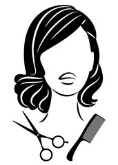 Silhouette of a cute lady. The girl shows a hairstyle on medium and long hair and scissors. Suitable for logo, hairdresser advertising. Vector illustration.