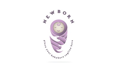 Baby newborn with mum hands 3D violet logotype. Logo for baby care infant shop, diapers and toys