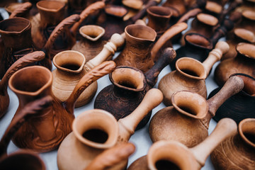 A lot of handmade clay vessels