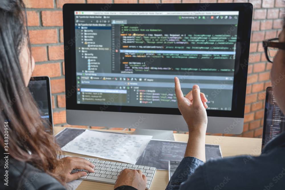 Leinwandbilder Programmers cooperating at Developing programming and website working in a software develop company office, writing codes and typing data code, Programming with HTML, PHP and javascript