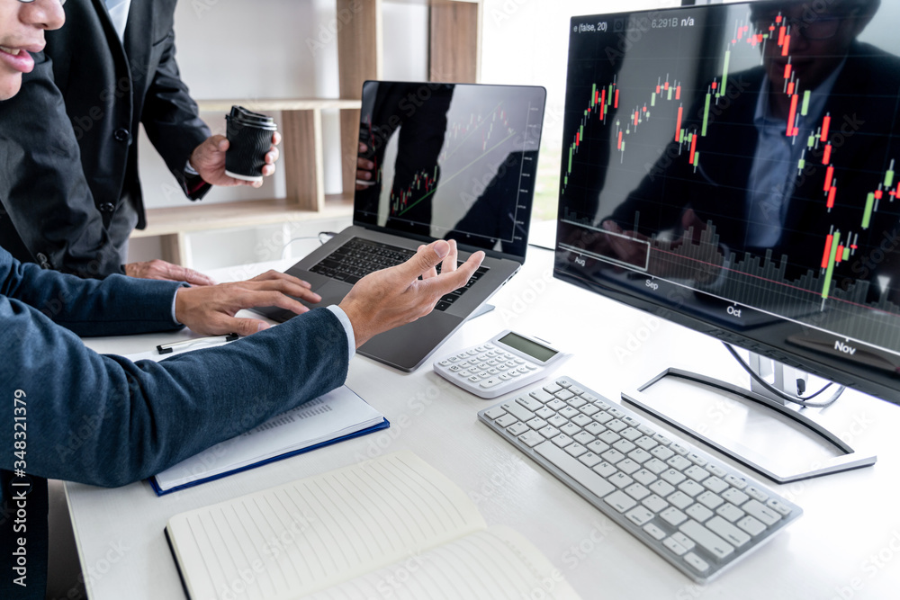 Poster business team investment working with computer, planning and analyzing graph stock market trading wi