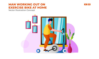 an Working Out On Exercise Bike at Home. Vector Illustration Concept