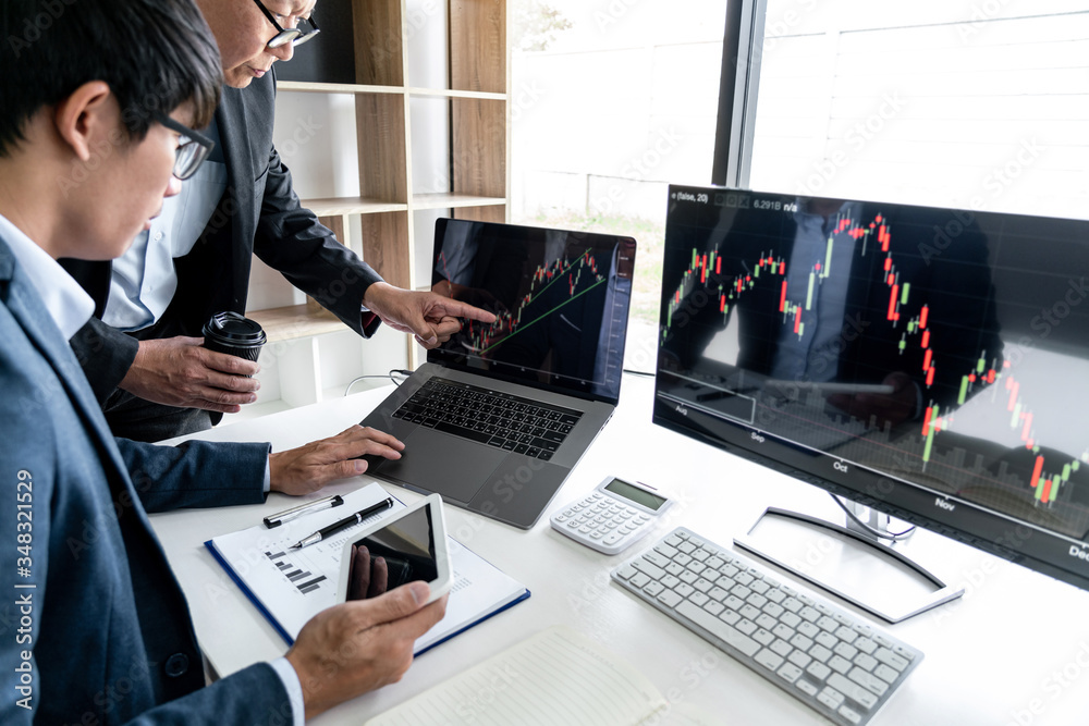 Poster business team investment working with computer, planning and analyzing graph stock market trading wi