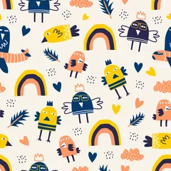 Wallpaper murals Scandinavian style Cute baby bird seamless pattern, vector illustration childish drawing. Scandinavian hand drawn with funny animal for kids wallpaper, background, and textile wrapping.