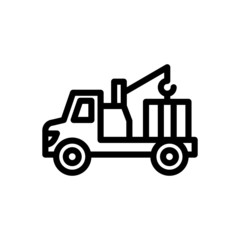 Crane truck lifting icon in line art style on white background, sign for mobile concept and web design, Crane vehicle vector icon, Construction machine symbol, logo illustration