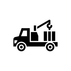 Crane truck lifting icon in black flat design on white background, sign for mobile concept and web design, Crane vehicle vector icon, Construction machine symbol, logo illustration