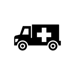 Ambulance truck icon vector in black flat design on white background, filled flat sign,  isolated on white, Symbol, logo illustration, Pixel perfect