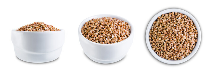 Dried Buckwheat porridge on a white isolated background