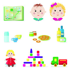 Little girl and boy. Kids set of toys, care items, and baby food isolated on white background. Vector. EPS10.