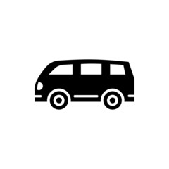 Retro Camper Van vector icon in black flat design on white background, Minivan filled flat sign for mobile concept and web design, Old van bus glyph icon, Passenger vehicle symbol, logo illustration, 