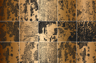 Set of golden distress rust metal vector texture. EPS8 illustration.