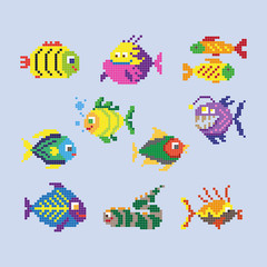 Set pixel fish, wildlife. Vector illustration