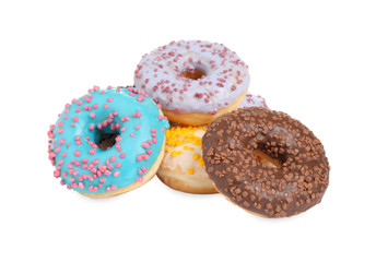 Sweet tasty glazed donuts on white background