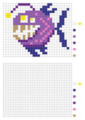 Kids coloring page, pixel coloring cartoon fish. Vector illustration