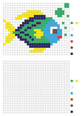 Kids coloring page, pixel coloring cartoon fish. Vector illustration
