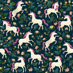 Unicorns on a dark background with a fairy forest. Seamless pattern. © Angelina Bambina