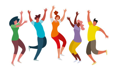 Happy jumping people on a white background. The concept of friendship, healthy lifestyle, success, luck, victory, celebration, relaxation, good mood, positive emotions. Vector illustration.