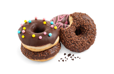 Sweet tasty glazed donuts on white background