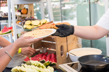 Selection of self service catering continental breakfast buffet display, catering or brunch table