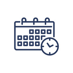 Calendar with clock thin line icon. Agenda, reminder, time, date isolated outline sign. Time management or planning concept. Vector illustration symbol element for web design and apps