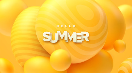 Hello Summer. Abstract background with dynamic 3d spheres. Flowing yellow bubbles with paper sign. Vector illustration of glossy soft balls. Modern trendy banner or poster design
