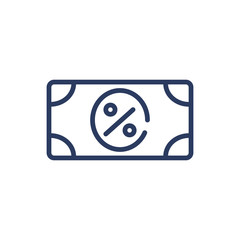 Currency banknote and percent sign thin line icon. Money, purchase, automobile isolated outline sign. Bank lending and discount concept. Vector illustration symbol element for web design and apps