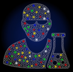 Naklejka premium Flare mesh scientist with flask with glare effect. Abstract illuminated vector model of scientist with flask icon on a dark blue gradiented background.