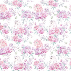 Seamless pattern with unicorns. Pink watercolor hand painted clipart on white background. 
Simple stylish illustration. Fashion modern style. Floral fabric print, wrapping paper, packaging.