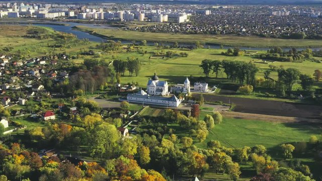 Mahiliou, Belarus. Mogilev Cityscape With Famous Landmarks - Church of Saints Boris and Gleb, and Church of the Exaltation of Holy Cross. Aerial View Of Skyline In Autumn Day. Bird's-eye View