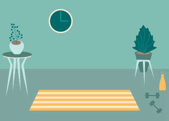 Obraz premium Vector interior flat design illustration. Home in colorful furniture of simple living room in trendy style. Design of a cozy room with house decor accessories and plants. Decorative elements