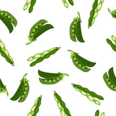 Hand drawn seamless vector pattern of green bean and pea pods . Vegetarian food background. Cartoon style. Green vegetables.