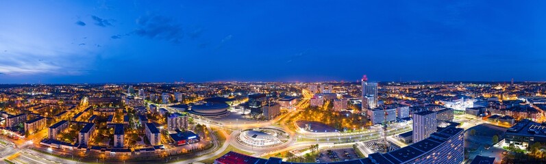 Panoramic drone aerial view on Katowice center at night - obrazy, fototapety, plakaty